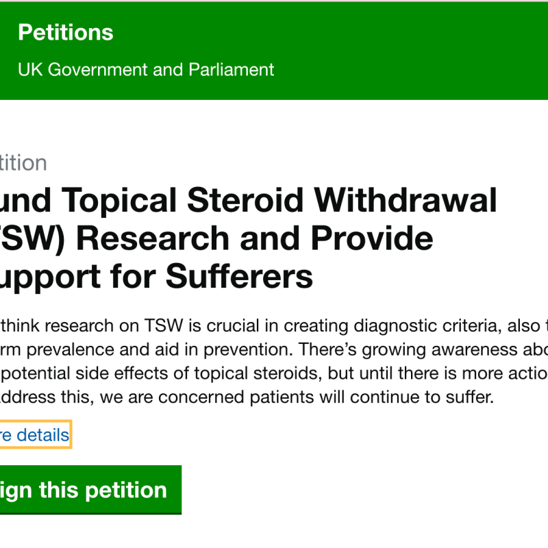 PETITION NOW LIVE: Fund Topical Steroid Withdrawal (TSW) Research and Provide Support for&nbsp;Sufferers
